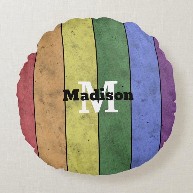  LGBT-vlag: ongeremde regenboogmonogram Rond Kussen (Voorkant)