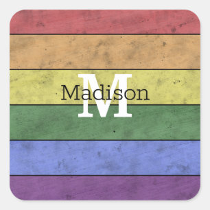 LGBT-vlag: ongeremde regenboogmonogram Vierkante Sticker