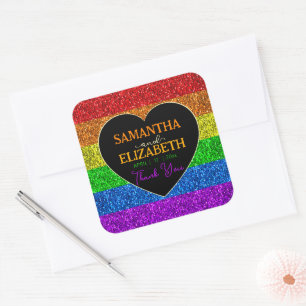 LGBT-vlag regenboog fonkelt hart bruiloft Dank u Vierkante Sticker
