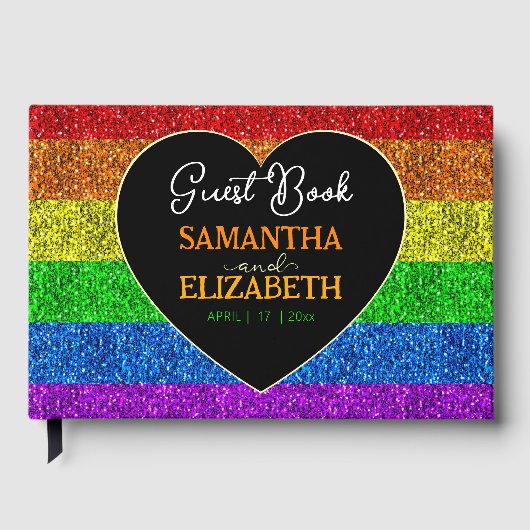 LGBT vlag regenboog fonkelt hart bruiloft Gastenboek (Voorkant)
