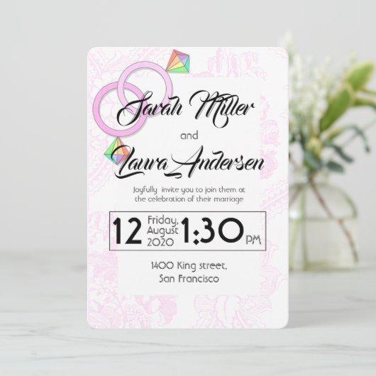 LGBT vrouwen bruiloft uitnodiging (roze) (Staand voorkant)