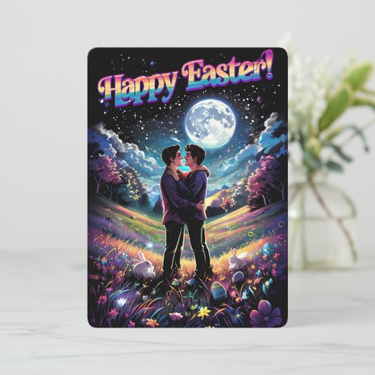 LGBTQ + Art Gay Paar Onder Moonlight Paas Kaart (Staand voorkant)