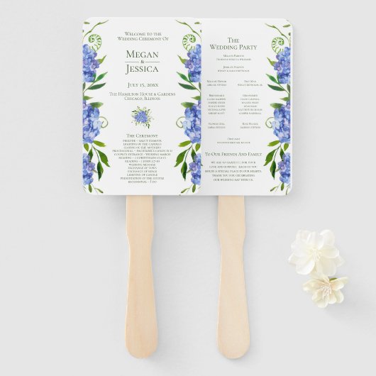 LGBTQ Blauwe Hortensia Bloem Bruiloftsprogramma Handwaaier (Voorkant en achterkant)