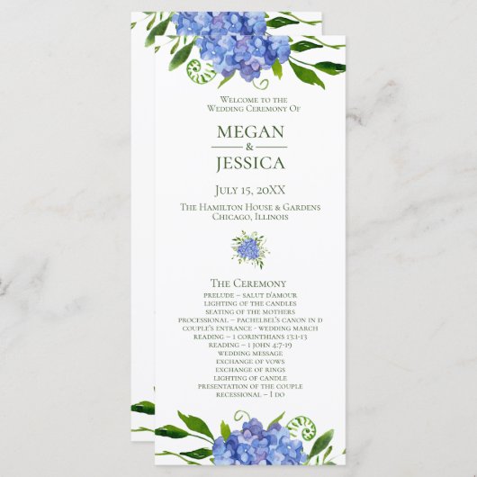 LGBTQ Blue Hydrangeas Bloemen Huwelijksprogramma Programmakaart (Voorkant / Achterkant)