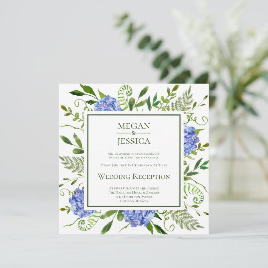 LGBTQ Blue Hydrangeas Floral Wedding Reception Kaart (Staand voorkant)