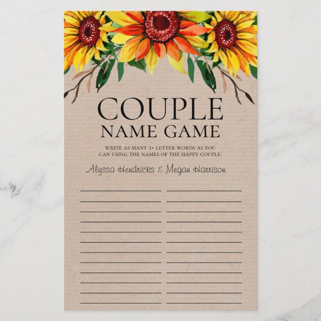 LGBTQ Couple Name Game Rustic Sunflower (Voorkant)