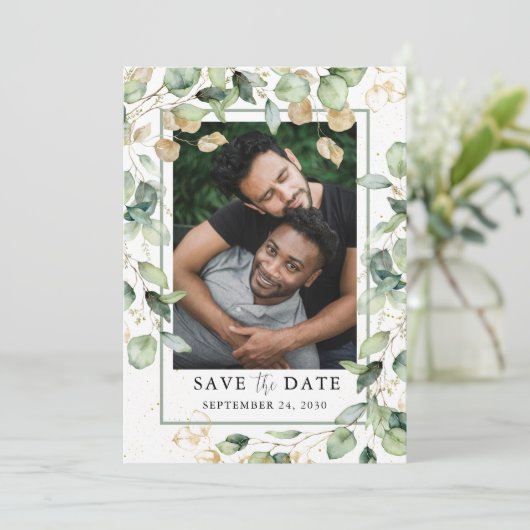 LGBTQ Eucalyptus Gold Foto Bewaar de datum Save The Date (Staand voorkant)