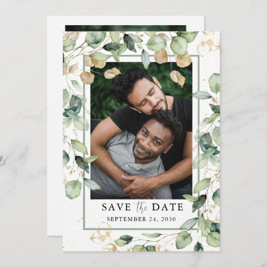 LGBTQ Eucalyptus Gold Foto Bewaar de datum Save The Date (Voorkant / Achterkant)