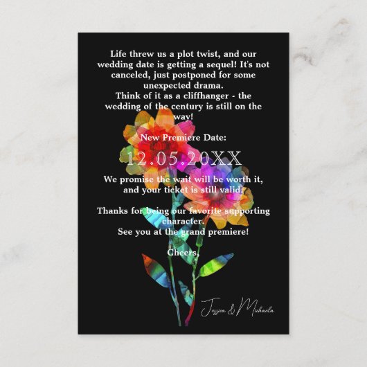 LGBTQ FUNNY Wedding date CHANGE Petals & Pride Informatiekaartje (Achterkant)