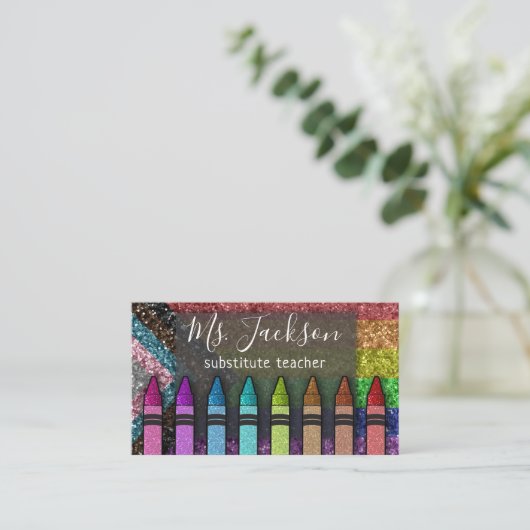 LGBTQ Glitter Teacher Name Rainbow Crayons Visitekaartje (Staand voorkant)