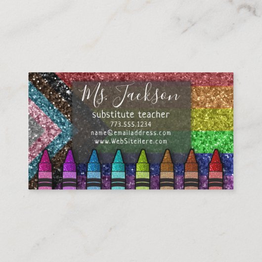 LGBTQ Glitter Teacher Name Rainbow Crayons Visitekaartje (Achterkant)