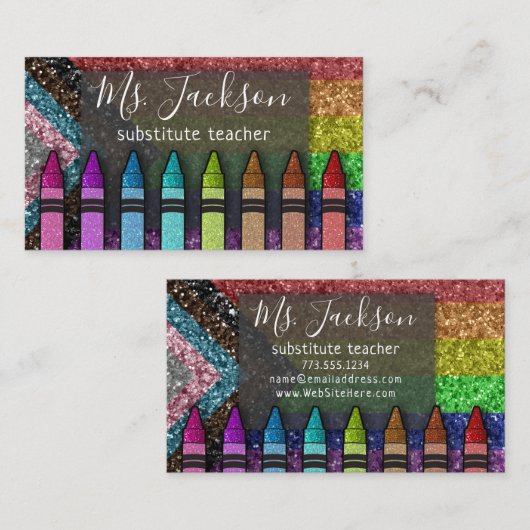 LGBTQ Glitter Teacher Name Rainbow Crayons Visitekaartje (Voorkant / Achterkant)