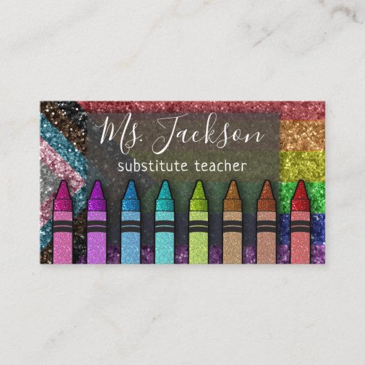 LGBTQ Glitter Teacher Name Rainbow Crayons Visitekaartje (Voorkant)