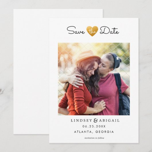 LGBTQ Gold Heart Sparen de Datum met Foto Save The Date (Voorkant / Achterkant)