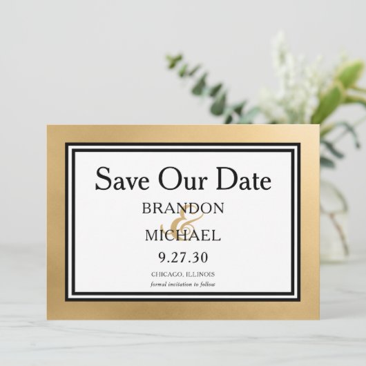 LGBTQ Gold Modern Wedding Sla de datum op Save The Date (Staand voorkant)