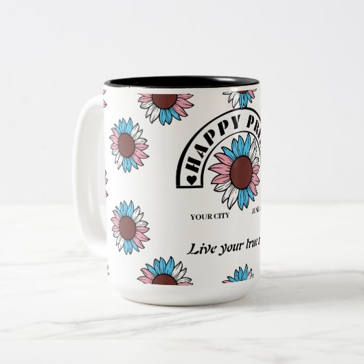 LGBTQ Happy Pride: Zonnebloem in transgenderkleure Tweekleurige Koffiemok (Voorkant links)