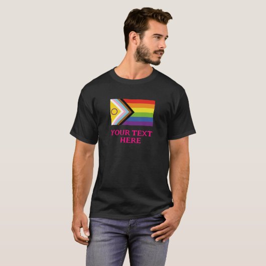 LGBTQ+ Inclusief Progress Pride Vlag - Jouw tekst T-shirt (Voorkant volledig)