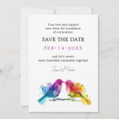 LGBTQ+ met QR-code Rainbow Lovebirds Save The Date (Voorkant)
