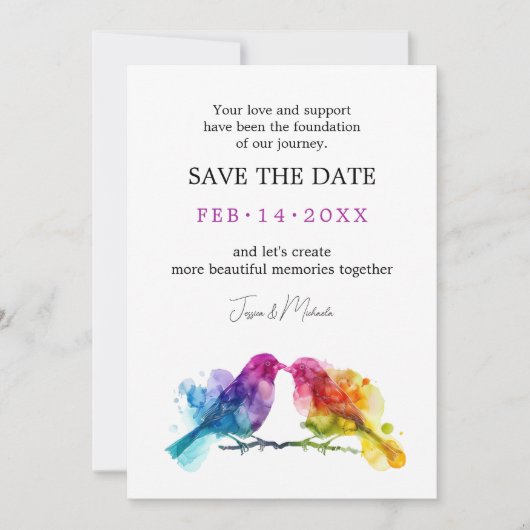 LGBTQ+ met QR-code Rainbow Lovebirds Save The Date (Voorkant)