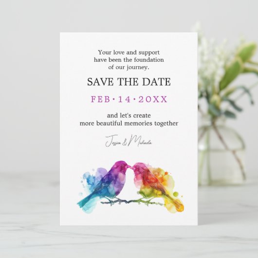 LGBTQ+ met QR-code Rainbow Lovebirds Save The Date (Staand voorkant)