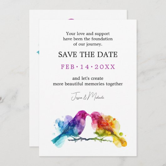 LGBTQ+ met QR-code Rainbow Lovebirds Save The Date (Voorkant / Achterkant)