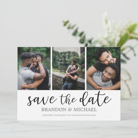 LGBTQ Modern Script Fotocollage Save The Date (Staand voorkant)