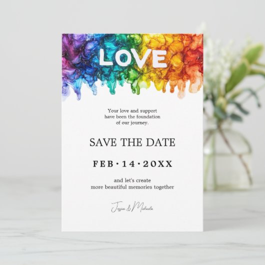 🌈 🐦 LGBTQ Painted With Love wedding Save The Date (Staand voorkant)