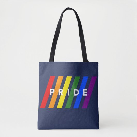 LGBTQ PRIDE Diagonal Rainbow Stripes op Navy Blue Tote Bag (Voorkant)