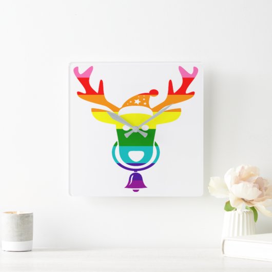 LGBTQ Pride Rainbow Cute Reindedarskop Kerstmis Vierkante Klok (Huis)