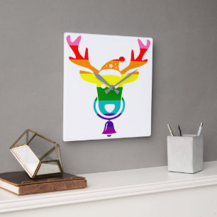 LGBTQ Pride Rainbow Cute Reindedarskop Kerstmis Vierkante Klok
