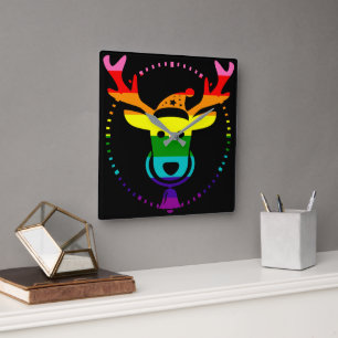 LGBTQ Pride Rainbow Cute Reindeer Head, Kerstmis Vierkante Klok