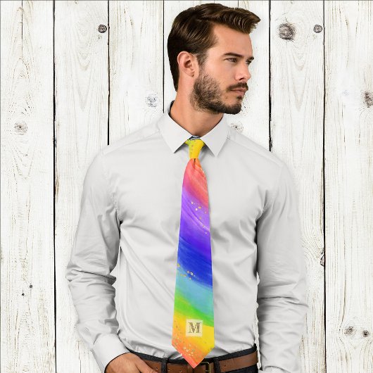 LGBTQ Pride Waterverf Rainbow Gold Monogram Stropdas