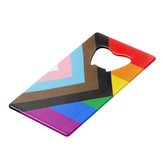 LGBTQ+ Progress Pride Creditkaart Flessenopener (Voorkant Gekanteld)
