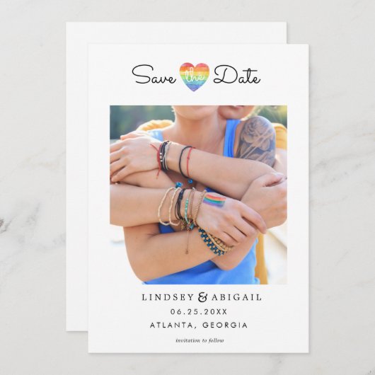 LGBTQ Rainbow Heart Opslaan Datum met Foto Save The Date (Voorkant / Achterkant)