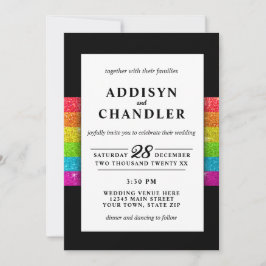 LGBTQ Rainbow Zwart Chique Modern Wedding Glitter Kaart