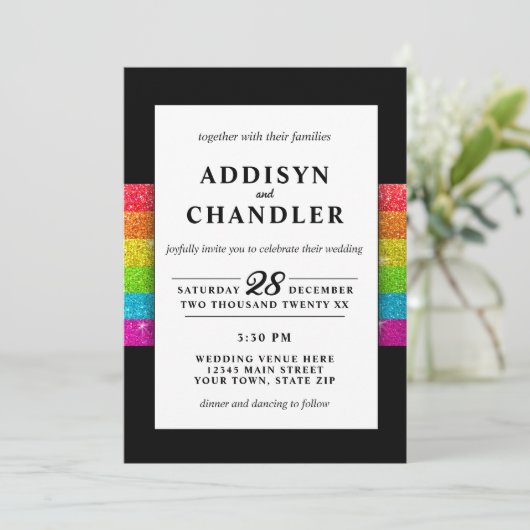 LGBTQ Rainbow Zwart Chique Modern Wedding Glitter Kaart (Staand voorkant)