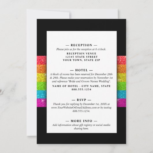 LGBTQ Rainbow Zwart Chique Modern Wedding Glitter Kaart (Achterkant)