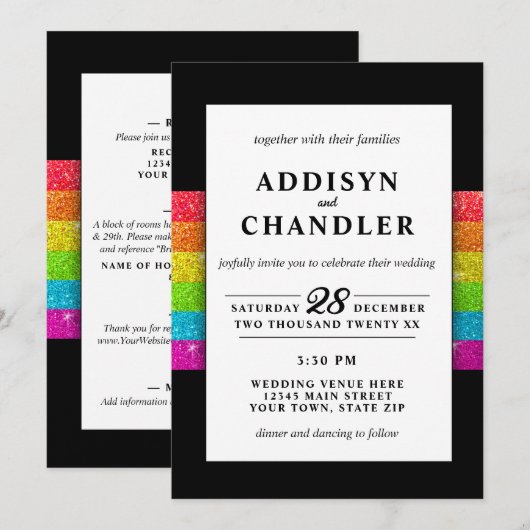 LGBTQ Rainbow Zwart Chique Modern Wedding Glitter Kaart (Voorkant / Achterkant)