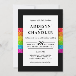 LGBTQ Rainbow Zwart Chique Modern Wedding Glitter Kaart