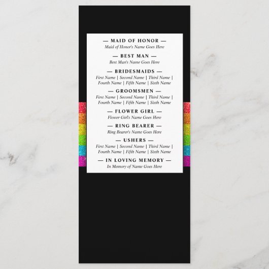 LGBTQ Rainbow Zwart Chique Modern Wedding Glitter Programmakaart (Achterkant)