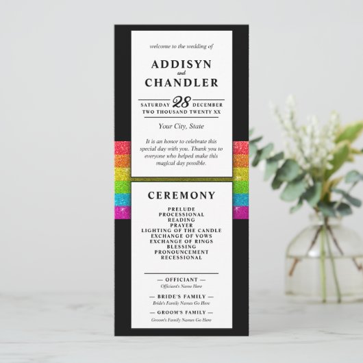 LGBTQ Rainbow Zwart Chique Modern Wedding Glitter Programmakaart (Staand voorkant)
