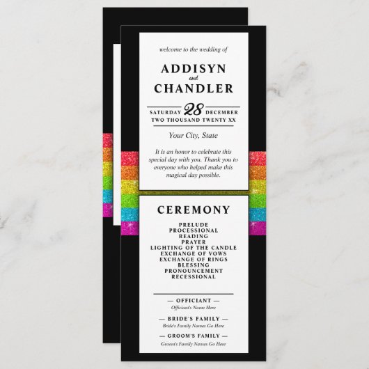 LGBTQ Rainbow Zwart Chique Modern Wedding Glitter Programmakaart (Voorkant / Achterkant)