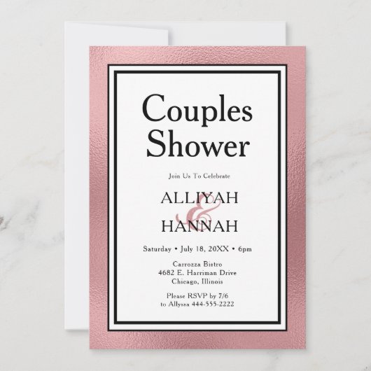 LGBTQ Roos Gold Modern Couples Douche Uitnodiging (Voorkant)