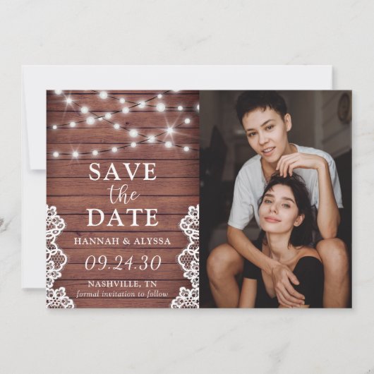 LGBTQ Rustic Lights Foto Flat Save the Date Kaart (Voorkant)