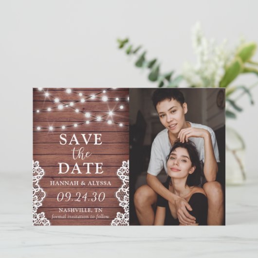 LGBTQ Rustic Lights Foto Flat Save the Date Kaart (Staand voorkant)