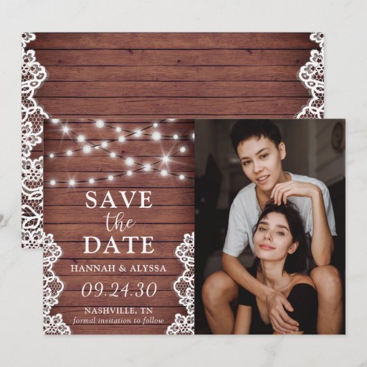 LGBTQ Rustic Lights Foto Flat Save the Date Kaart (Voorkant / Achterkant)