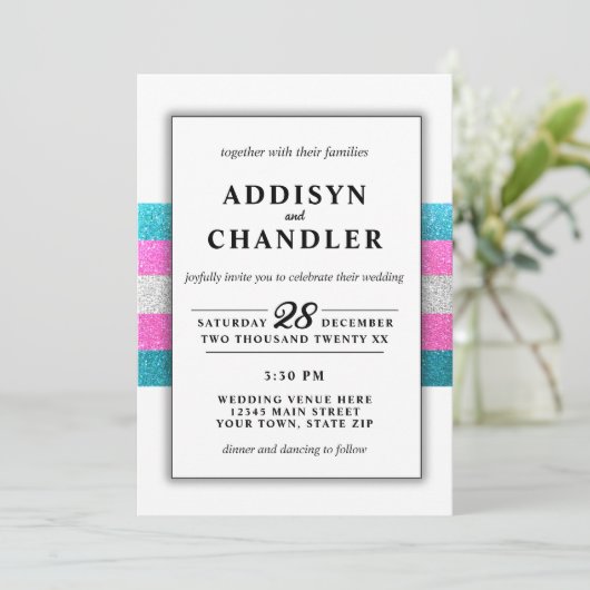 LGBTQ Trans Chic Modern Wit Bruiloft Glitter Kaart (Staand voorkant)
