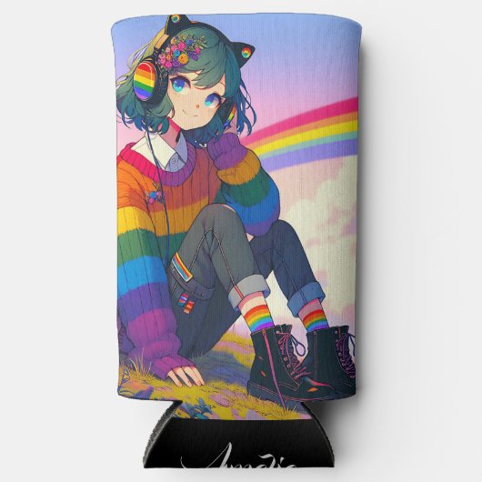 LGBTQIA+ Anime Meisje Lesbische Pride Gepersonalis Seltzer Blikjeskoeler (Voorkant)
