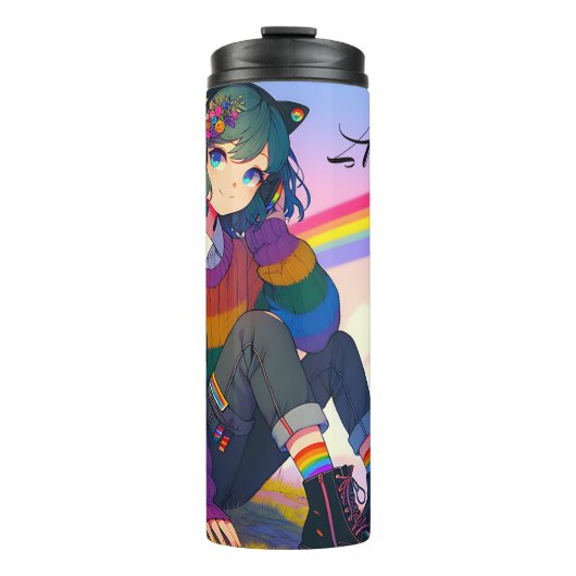 LGBTQIA+ Anime Meisje Lesbische Pride Gepersonalis Thermosbeker (Voorkant)