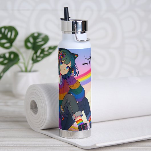LGBTQIA+ Anime Meisje Lesbische Pride Gepersonalis Waterfles (Yoga)